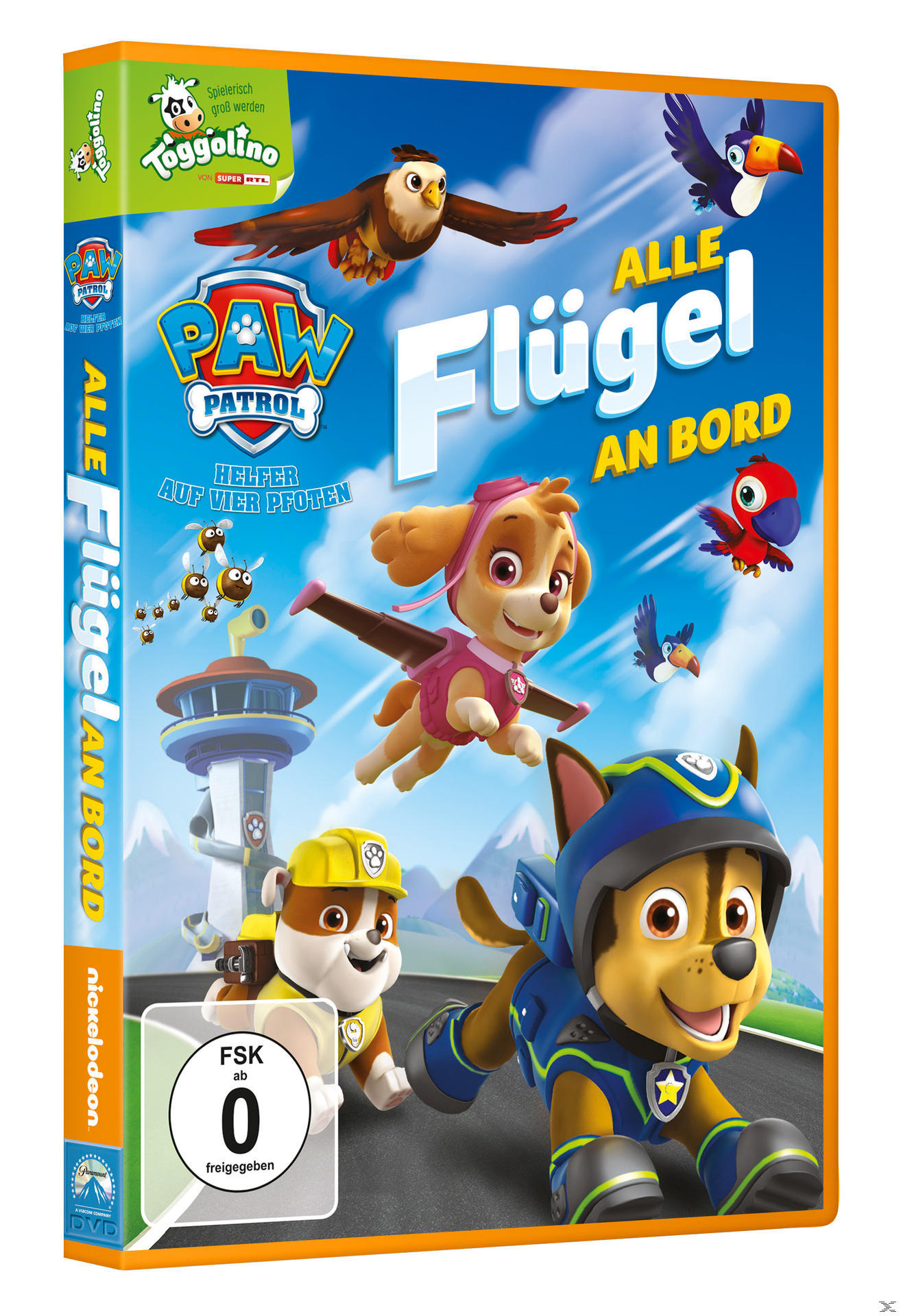 DVD-Cover mit Zeichentrickfiguren von 'PAW Patrol'. Hunde und Vögel in der Luft.