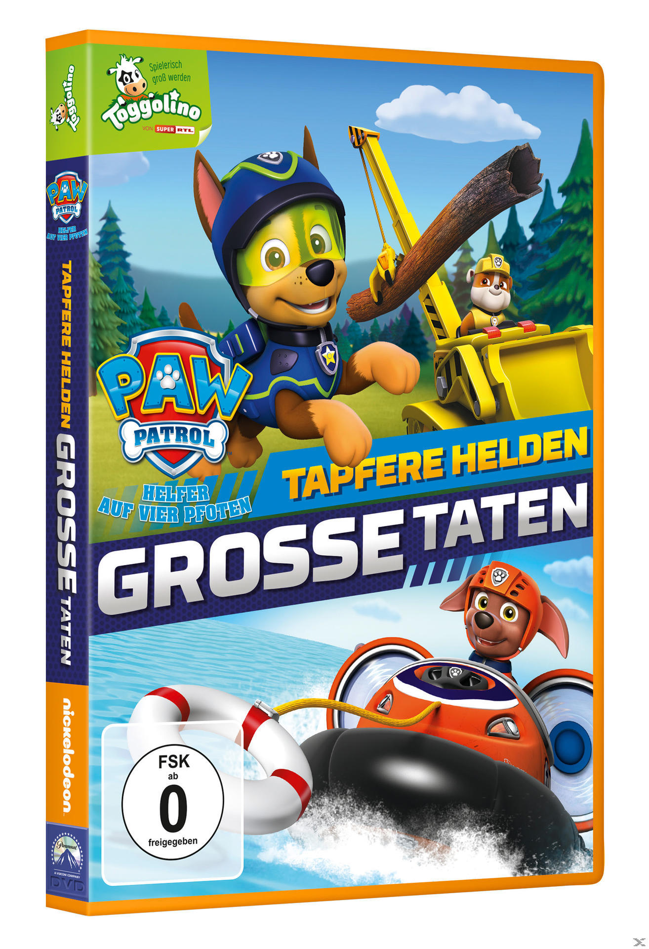 DVD-Cover von Paw Patrol. Ein Zeichentrickhund bedient einen Kran. Andere Hunde in der Szene.