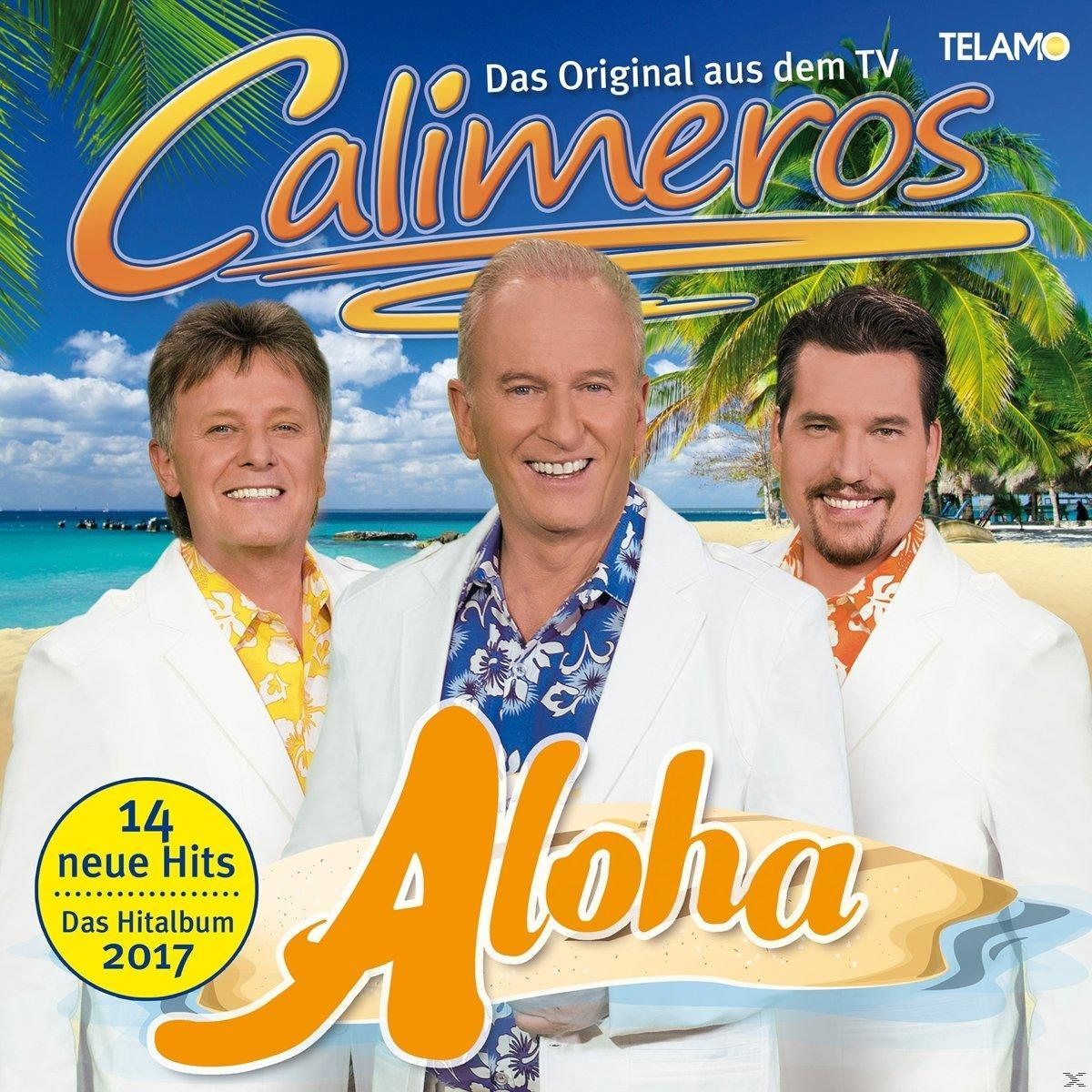 Albumcover mit drei Personen. Der Titel lautet 'Calimeros Aloha' mit Text auf Deutsch.