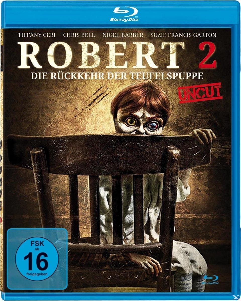 DVD-Cover einer Puppe. Text lautet „Robert 2“ und „Uncut“. Blauer Hintergrund.