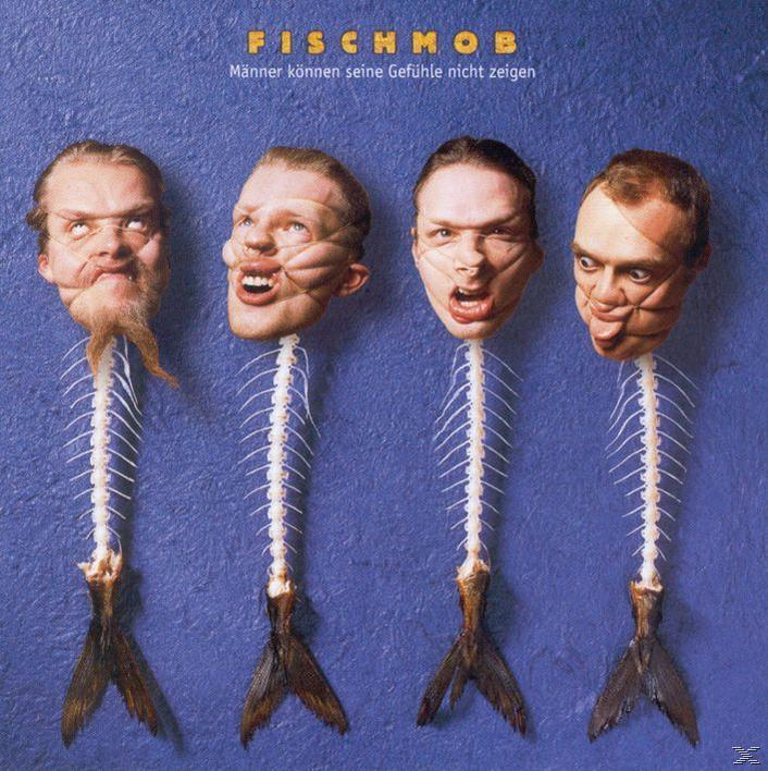 Albumcover. Vier Fischskelette mit menschlichen Köpfen werden auf blauem Hintergrund angezeigt.