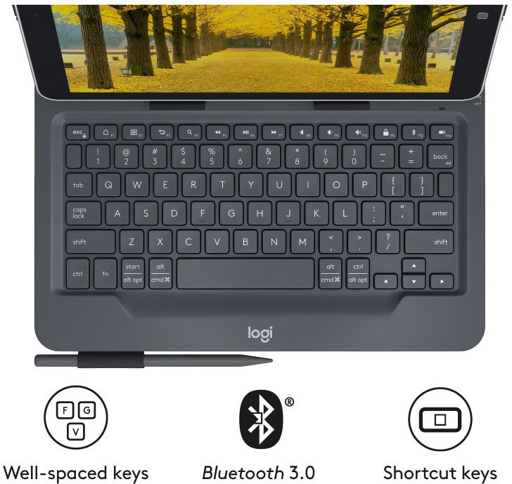 Clavier et tablette avec vue sur un parc en arrière-plan et des icônes.