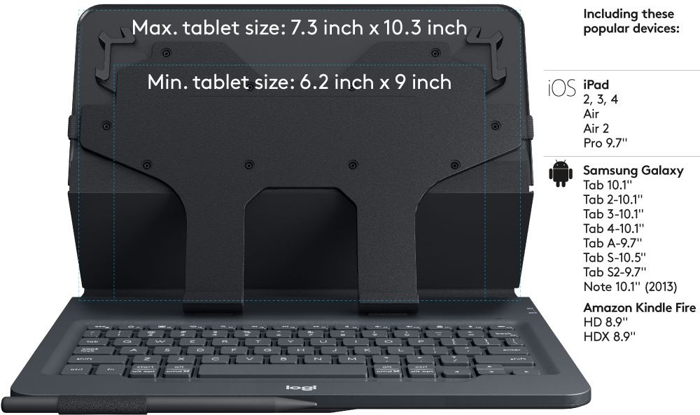 Un clavier pour tablette avec un support pour tablette. Le support a des dimensions et des appareils pris en charge.