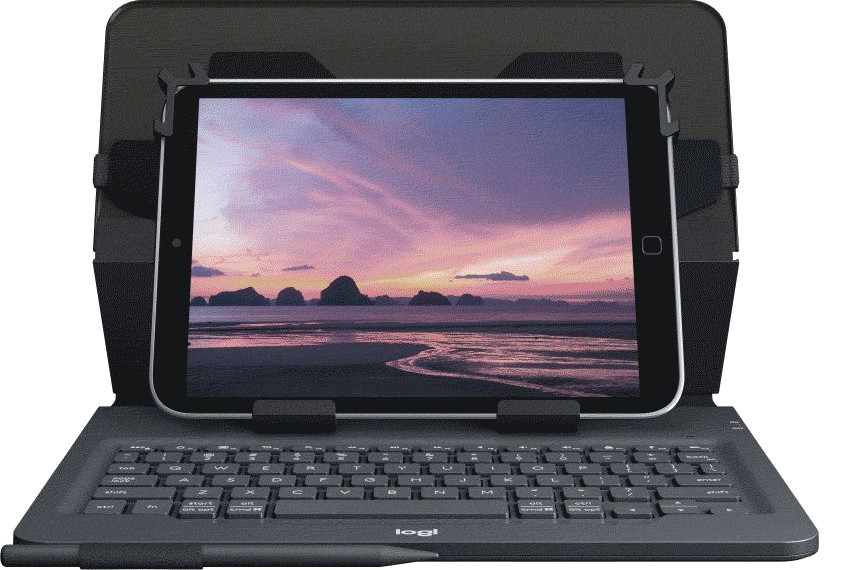 Tablette dans un étui avec un clavier. L'écran affiche un coucher de soleil sur un plan d'eau.