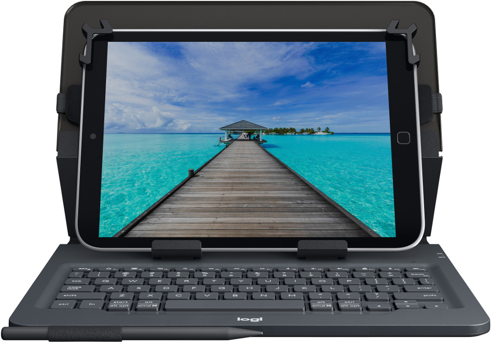 Tablette dans un étui clavier. Montre une scène tropicale avec une jetée et de l'eau bleue.