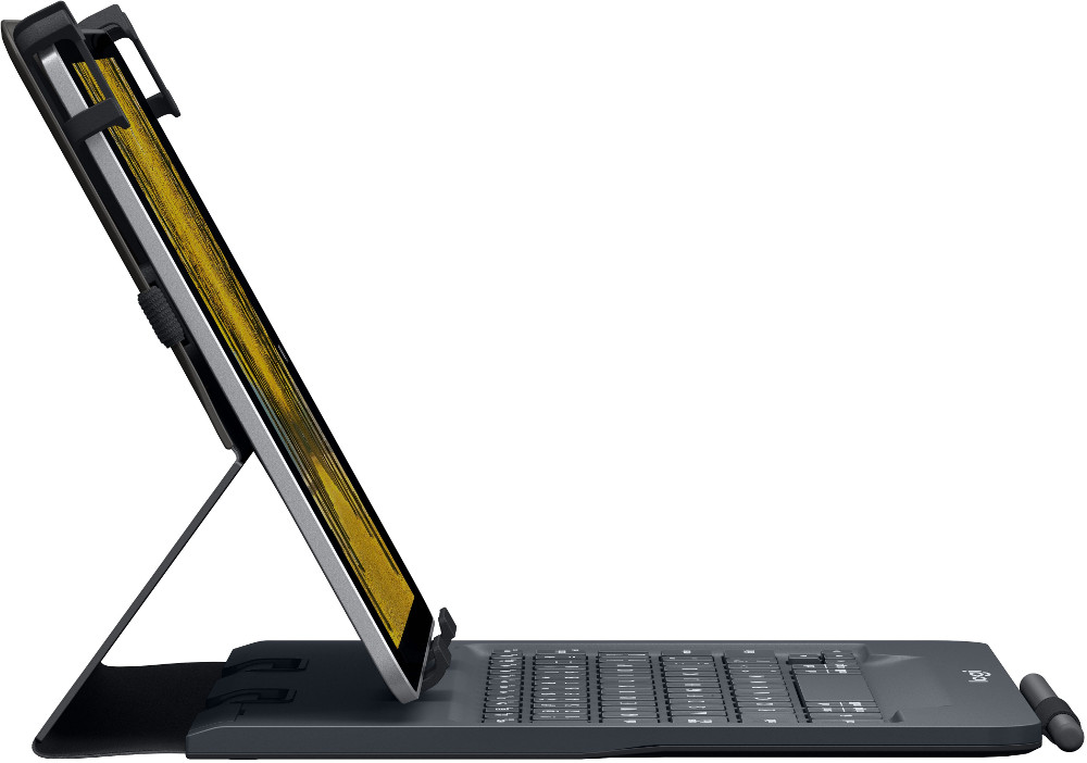 Une tablette est posée sur un étui de clavier, inclinée pour la visualisation. Le clavier est gris.