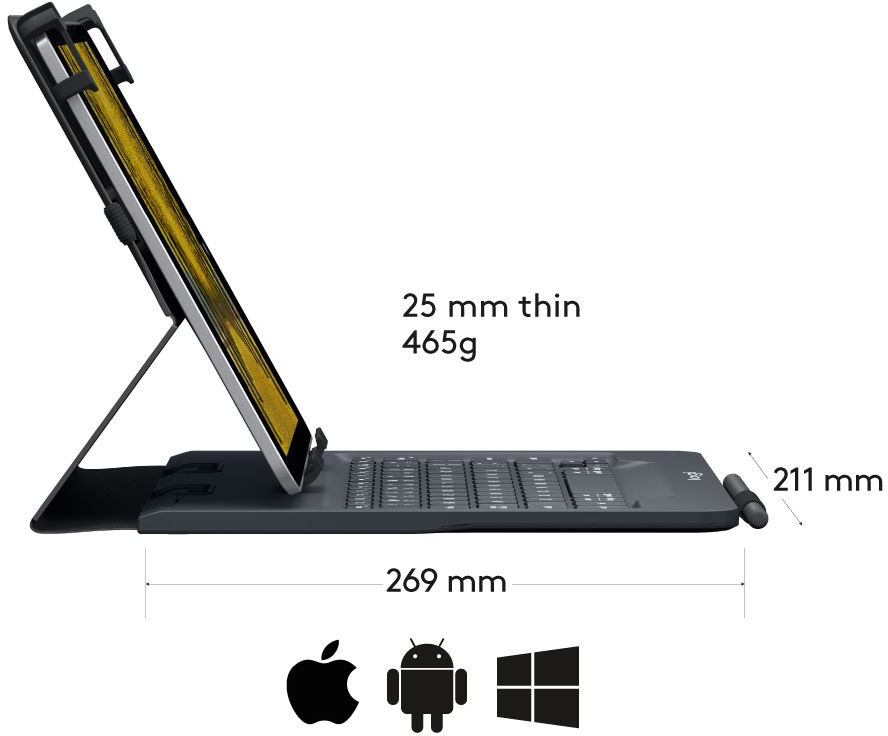 Une tablette noire et grise avec un clavier attaché. La tablette est relevée.