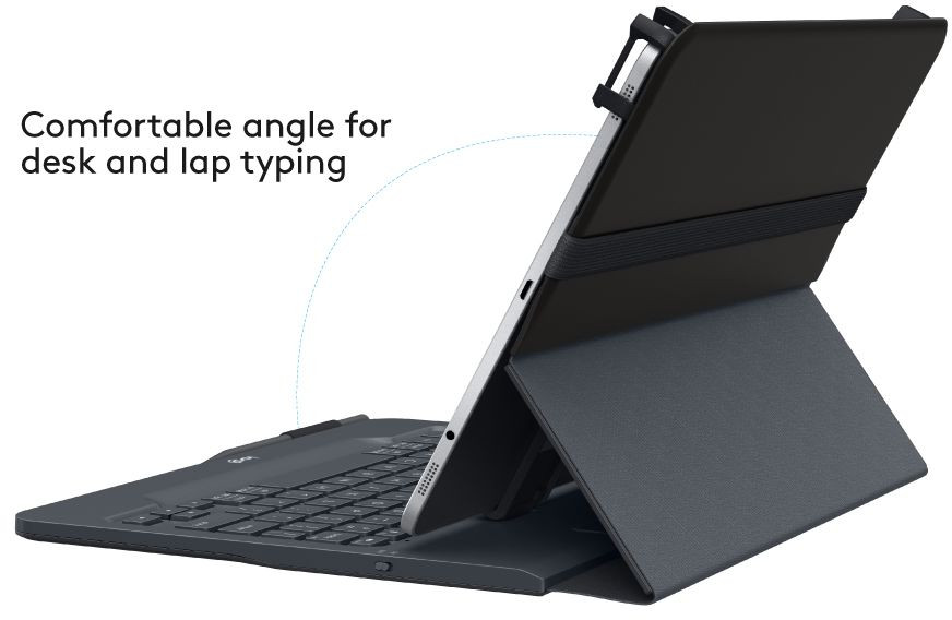 Étui pour tablette et clavier, conçu pour une saisie confortable sur bureau ou genoux.