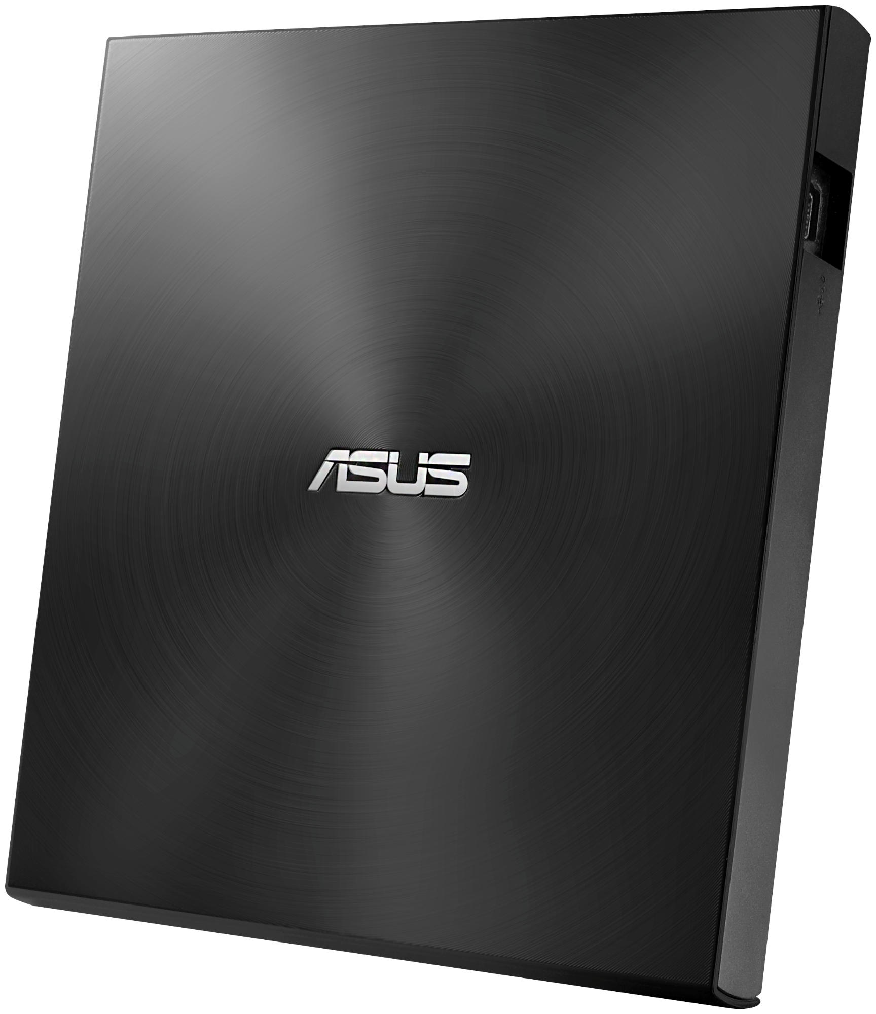 Schwarzer externer ASUS DVD-Brenner. Kreisförmig gebürstete Metalloberfläche. ASUS-Logo in der Mitte.