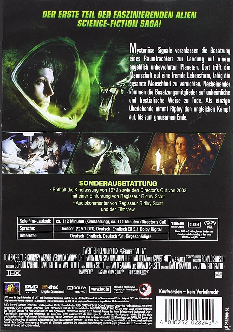 Rückseite der 'Alien'-DVD. Zeigt Szenen aus dem Film, Text über den Film und einen Barcode.