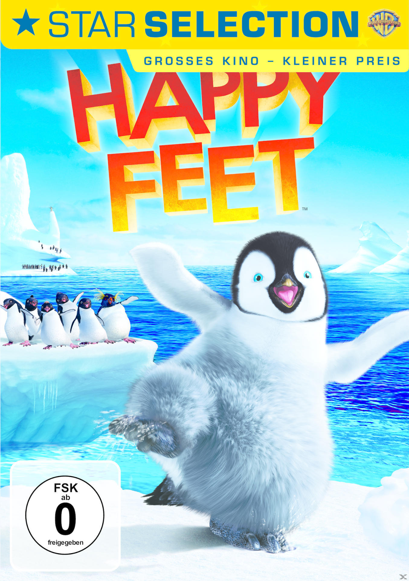 Happy Feet Filmcover, ein Pinguin im Zentrum, andere Pinguine und Eis im Hintergrund.