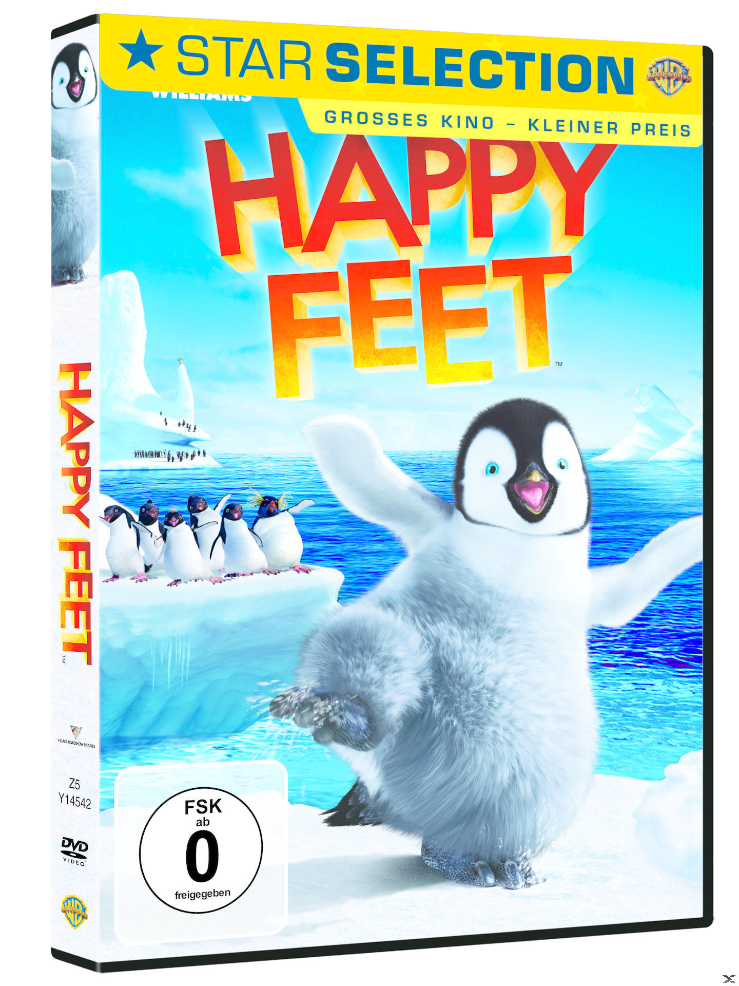 Happy Feet DVD-Cover. Ein Pinguin mit hochgestreckten Flossen steht auf Eis. Andere Pinguine und Eisberge.