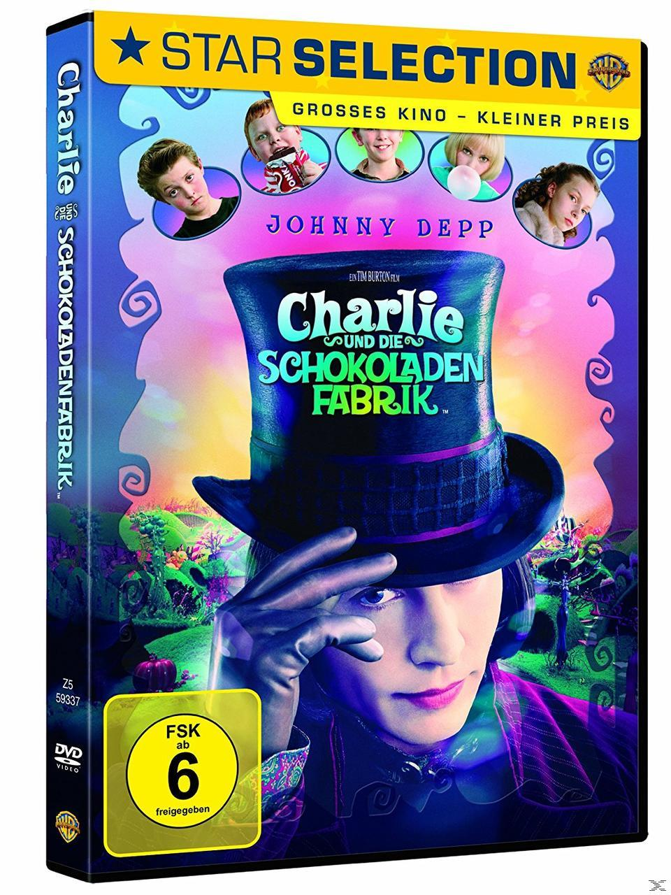 DVD-Cover: Charlie und die Schokoladenfabrik, Johnny Depp und Kinder. Blauer und violetter Hintergrund.