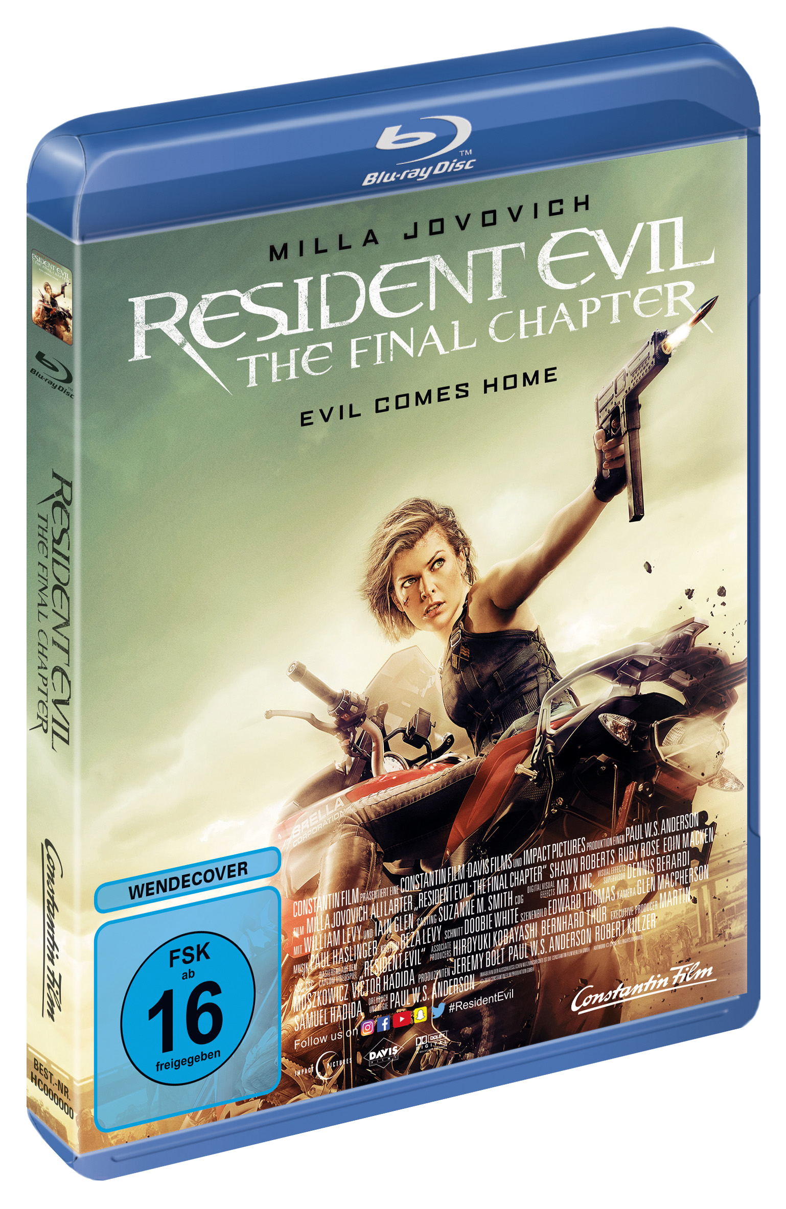 Resident Evil Filmcover. Milla Jovovich auf einem Motorrad mit einer Waffe.