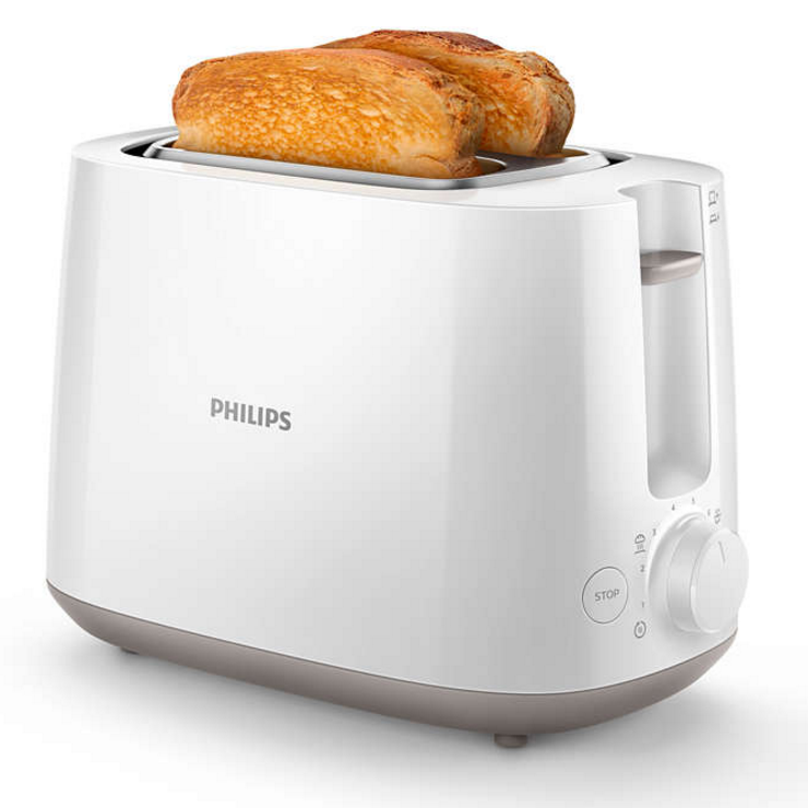 Witte broodrooster met twee sneetjes geroosterd brood. De bedieningsknop en de stopknop zijn zichtbaar.