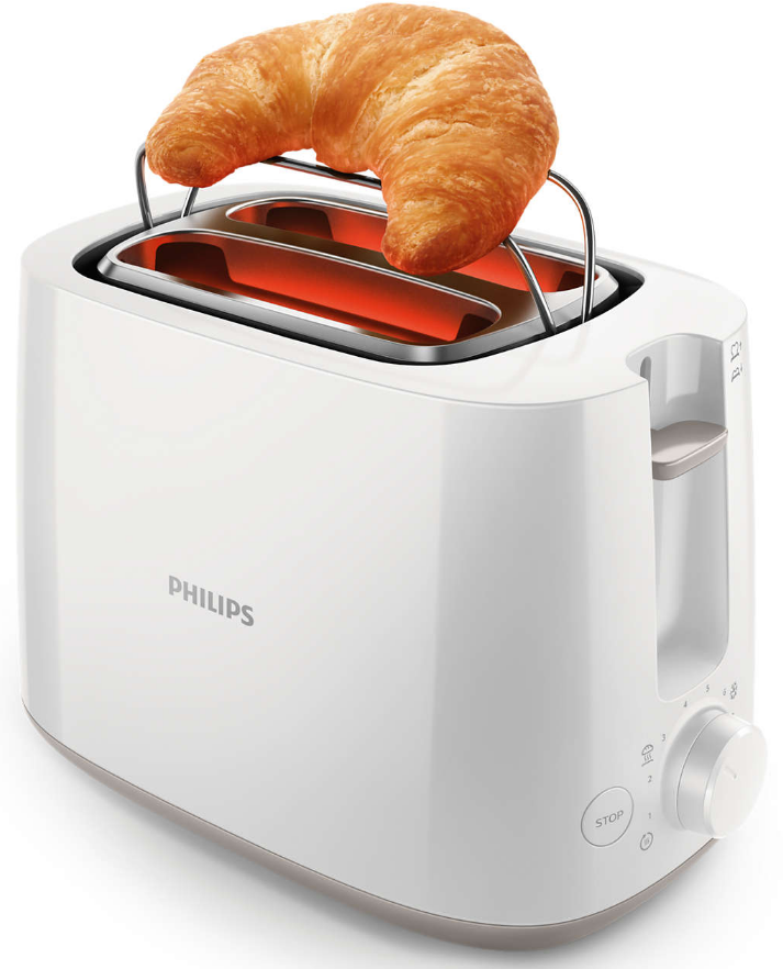 Witte Philips broodrooster met croissant. De broodrooster heeft een hendel en instellingen. De croissant is goudbruin.