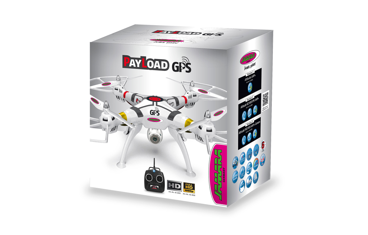 Drohnenbox. Weißes Drohnenbild, Controller und Text 'Payload GPS' auf weißer Box.