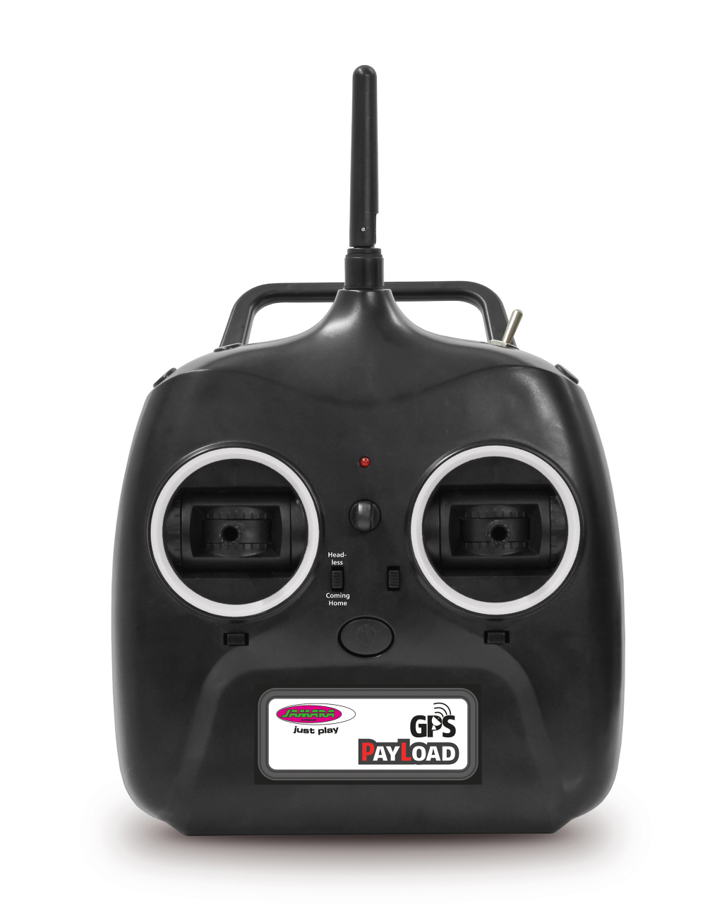 Schwarze Fernbedienung. Zwei Knöpfe, ein Ein-/Ausschalter, ein GPS-Payload-Etikett und eine Antenne.