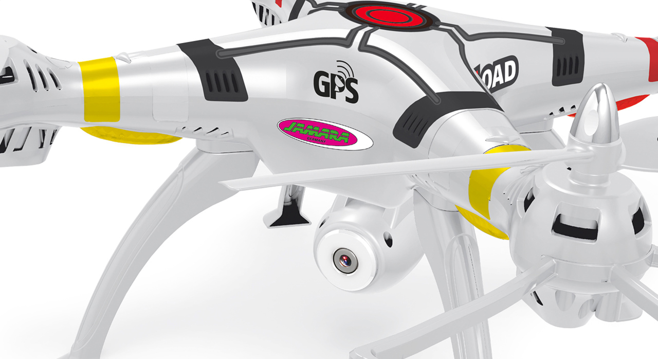 Eine weiße Drohne mit GPS und Kamera, mit weißen, gelben und schwarzen Details.