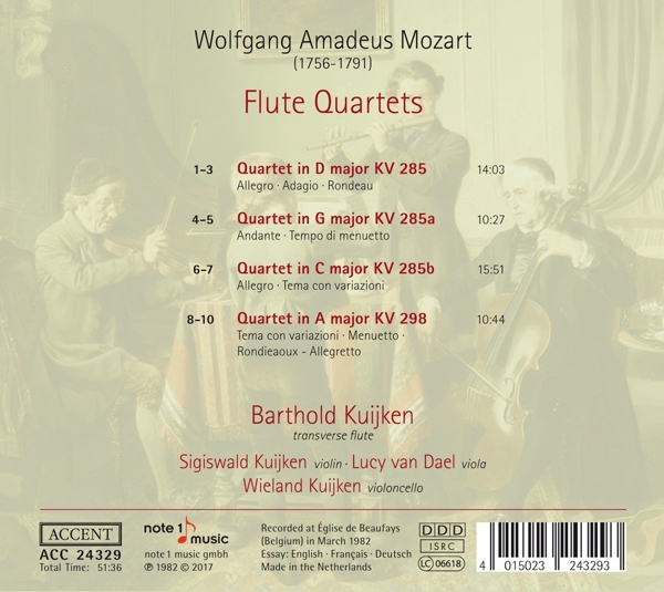 CD-Cover mit Text über Flötenquartette von Wolfgang Amadeus Mozart. Enthält Namen der Interpreten.