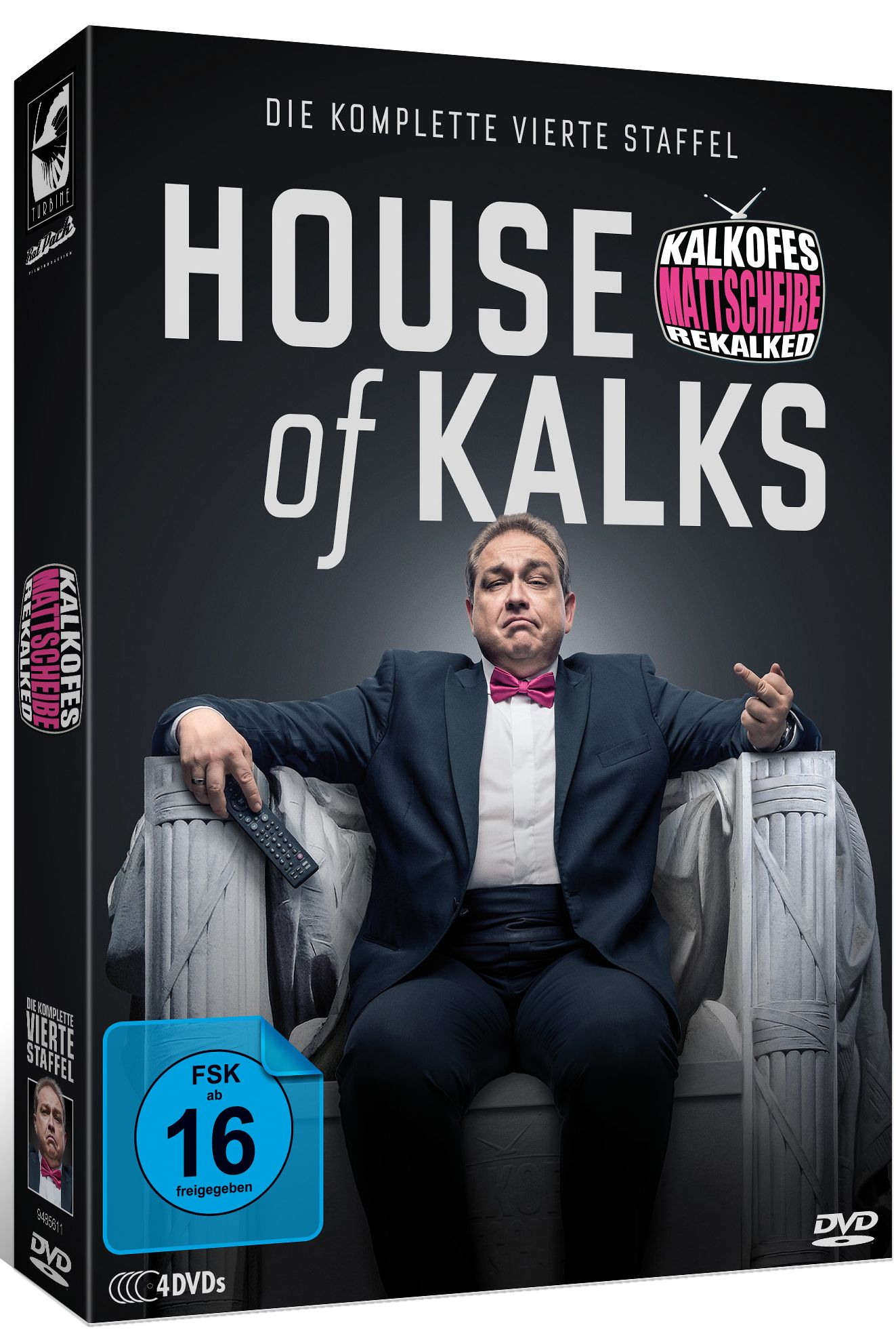 DVD-Box. Ein Mann im Anzug mit rosa Fliege. Text auf Deutsch.