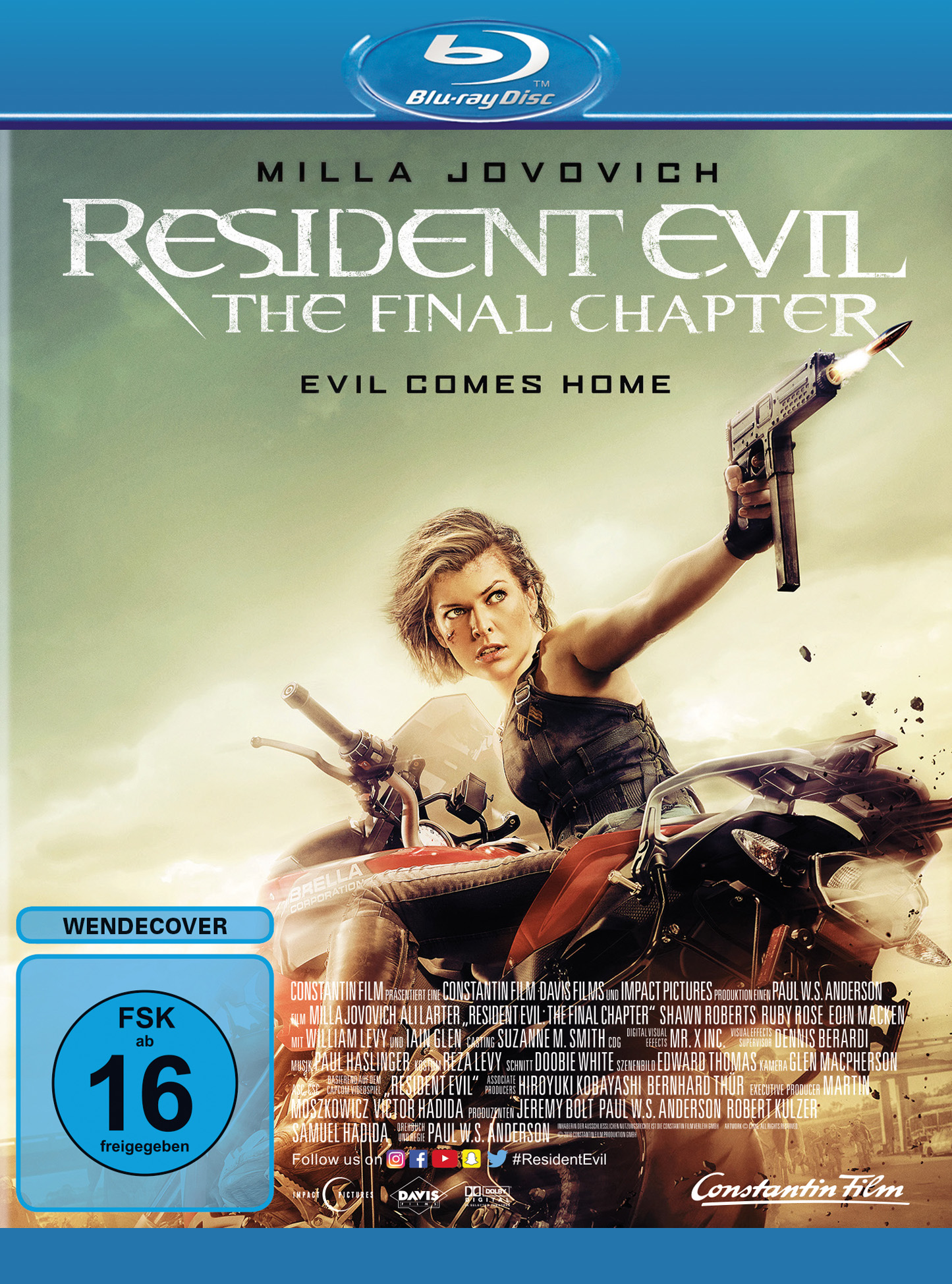 Resident Evil: The Final Chapter Blu-ray Cover, Frau auf Motorrad mit Waffe.