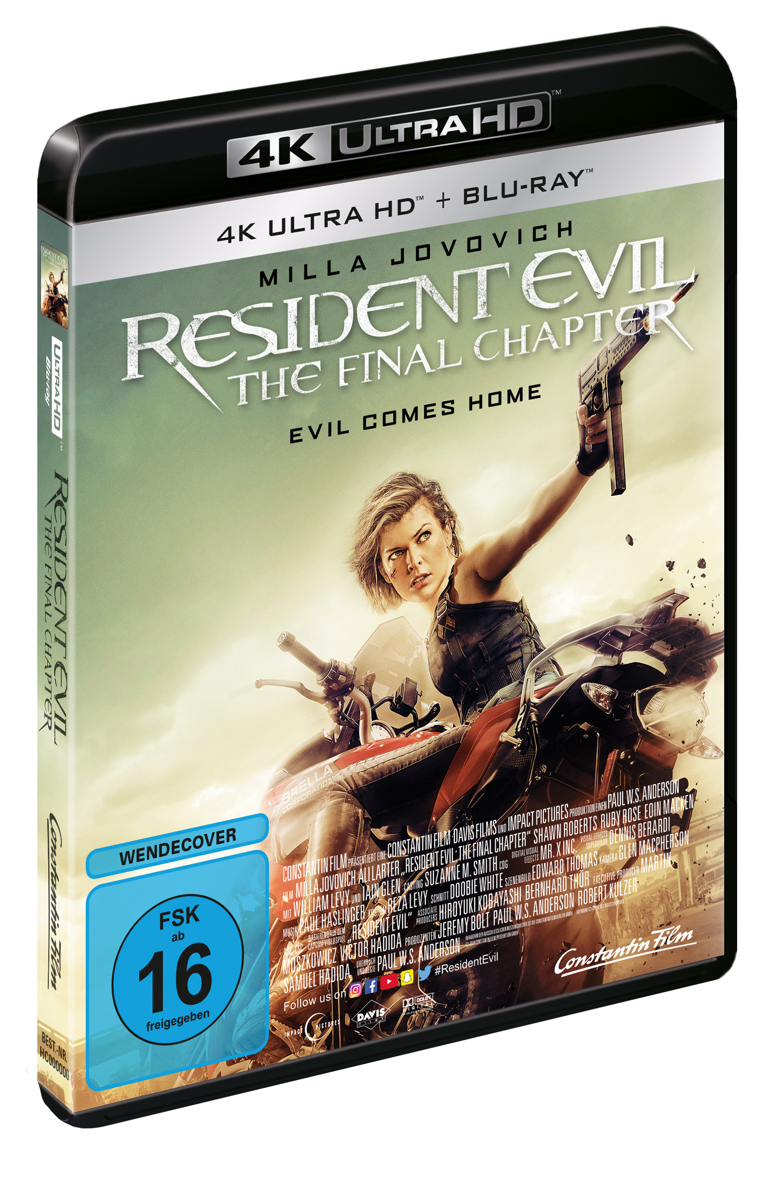 Filmcover: Milla Jovovich auf einem Motorrad, eine Waffe haltend, mit dem Titel Resident Evil: The Final Chapter.