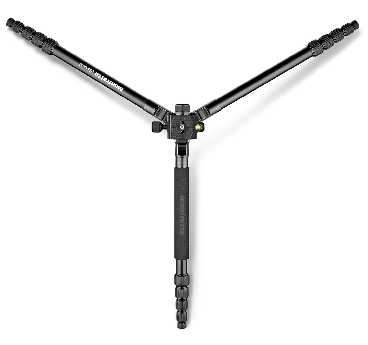 Manfrotto Element Stativ, schwarz, auf weiß. Drei Beine erstrecken sich von der Mittelsäule aus und bilden ein Y.