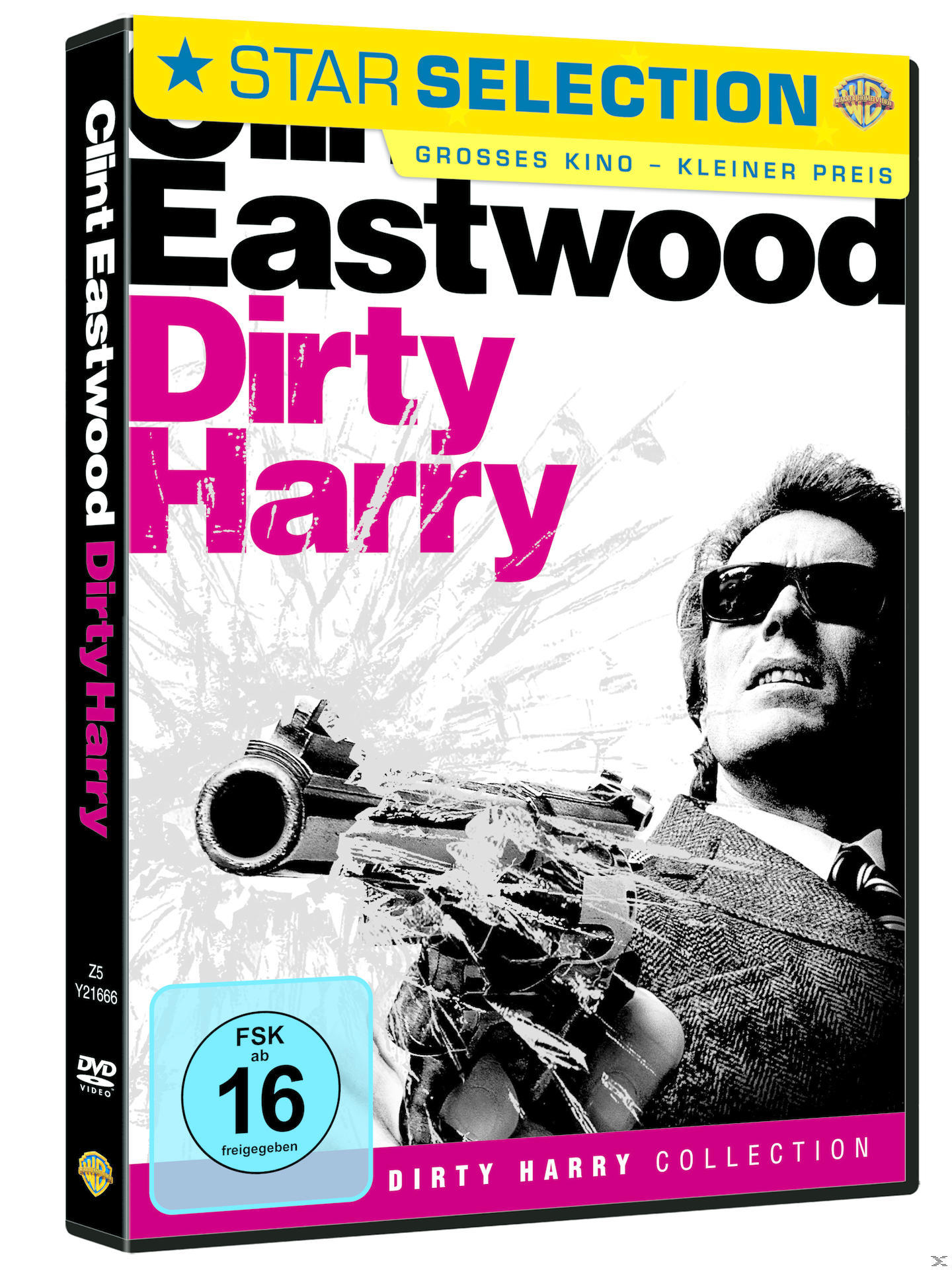 Dirty Harry DVD-Cover. Clint Eastwood mit Waffe. Schwarzweiß.
