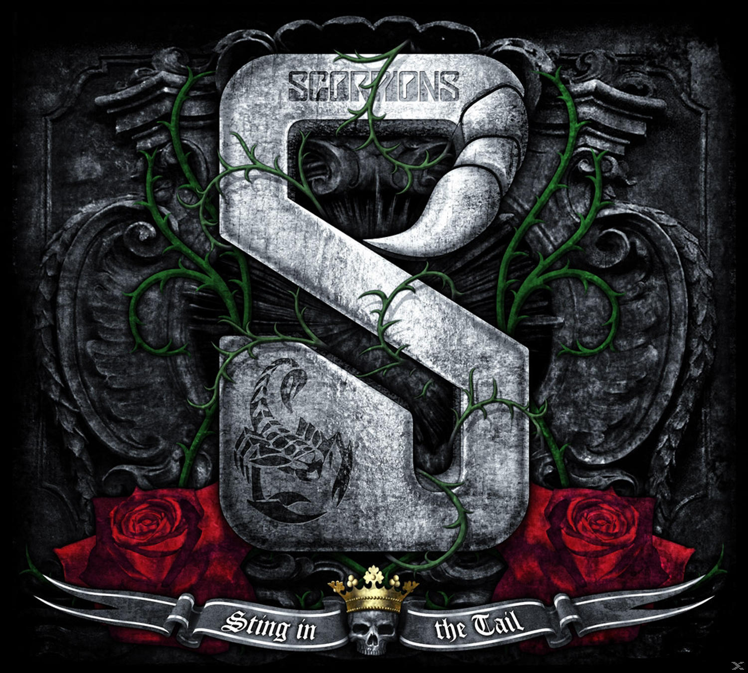 Albumcover. Scorpions-Logo mit Skorpion-Bild, roten Rosen und einem Totenkopf.