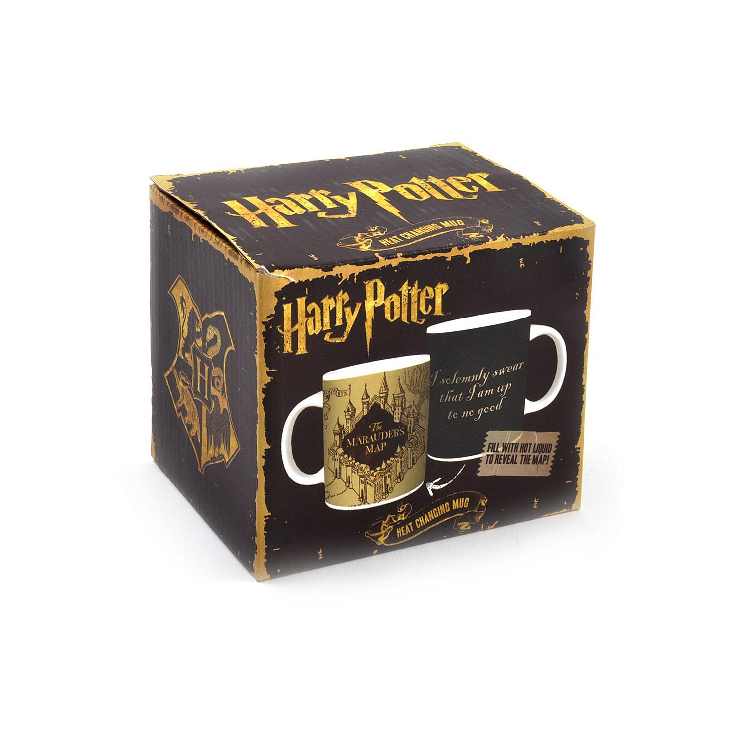 Harry Potter Box mit zwei Tassen, eine goldene und eine schwarze, mit Text und Design.