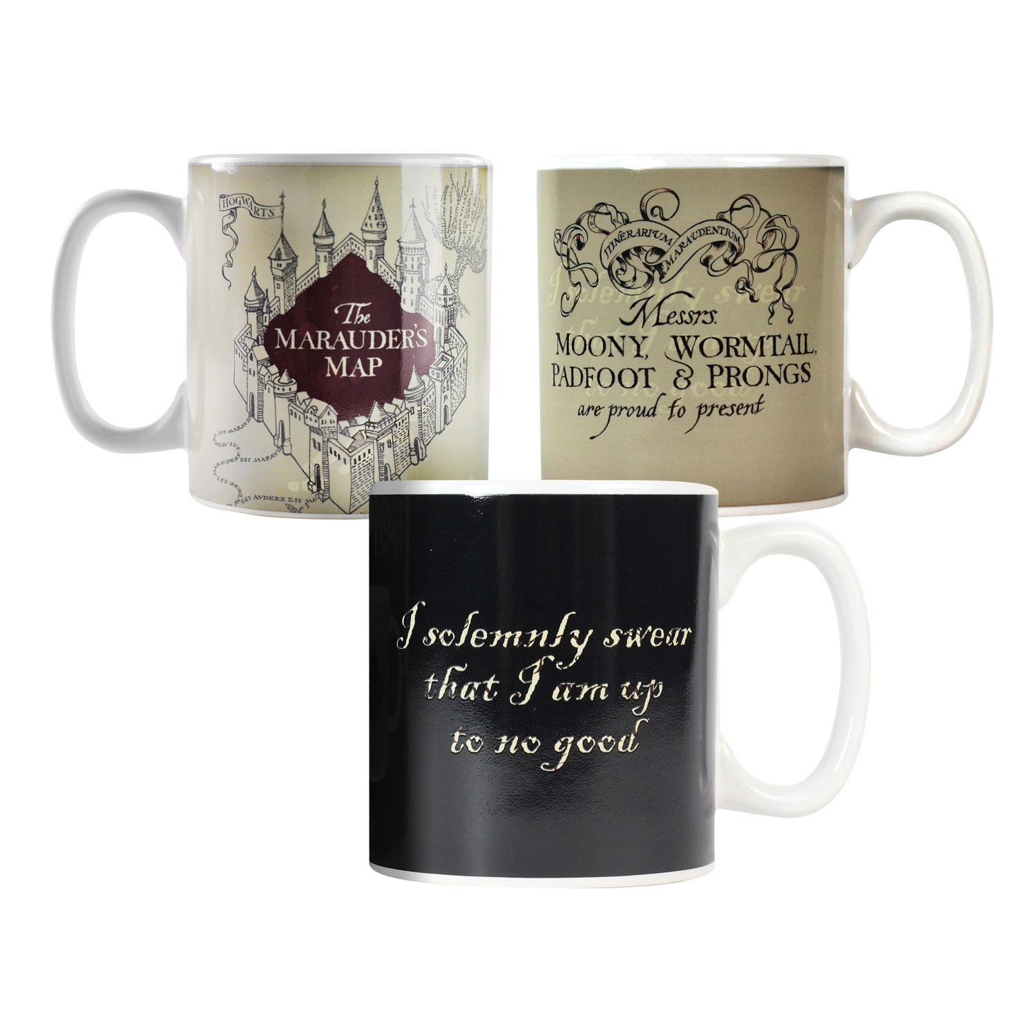 Drei Harry Potter-Tassen: Karte des Rumtreibers, 'Messrs Moony, Wormtail, Padfoot & Prongs' und eine schwarze Tasse mit Zitat.