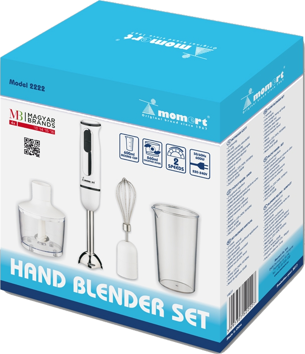 Kézi mixer készlet doboz tartozékokkal, 'Hand Blender Set' felirattal.
