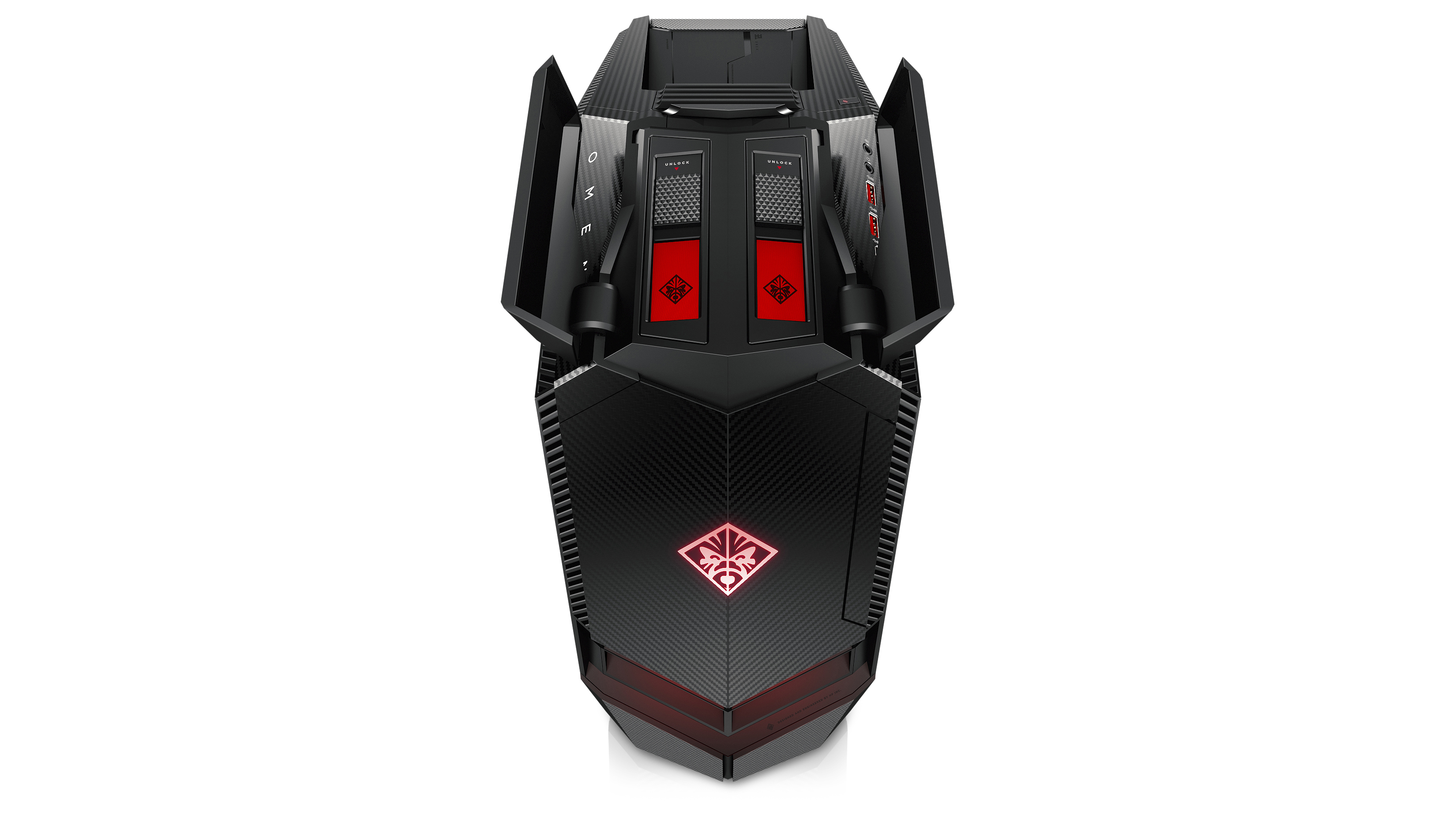 Schwarzer High-End-Desktop-Computer mit roten Akzenten, OMEN-Logo und Wabenmuster.