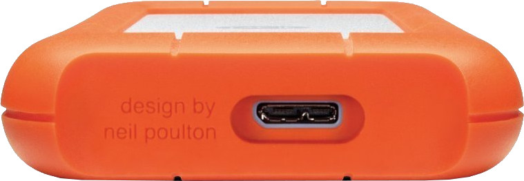 A close-up of an orange external hard drive with a USB port. The words 'design by neil poulton' are on it.