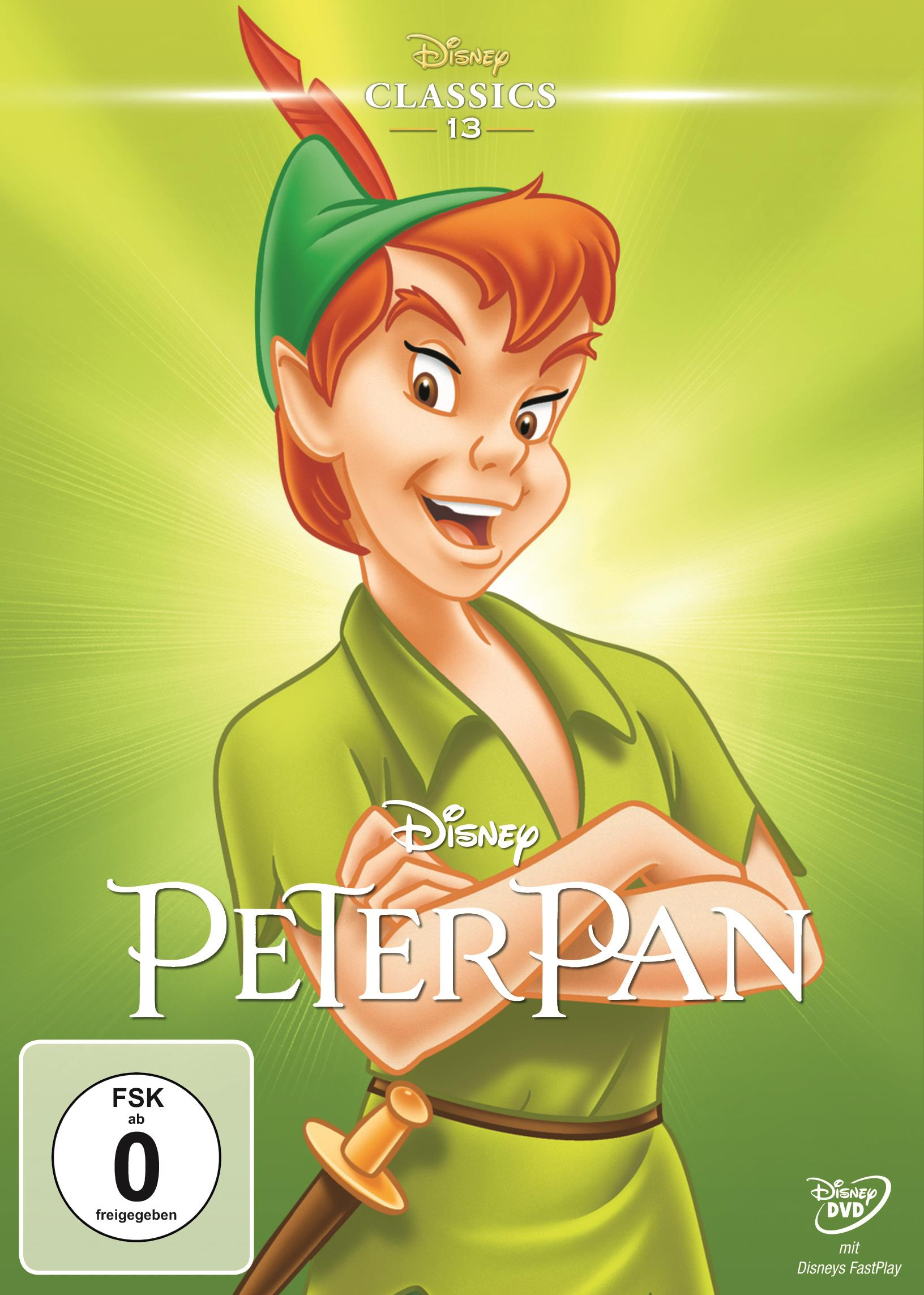 DVD-Cover von Peter Pan, Disney Classics. Peter Pan lächelnd, grüner Hintergrund.