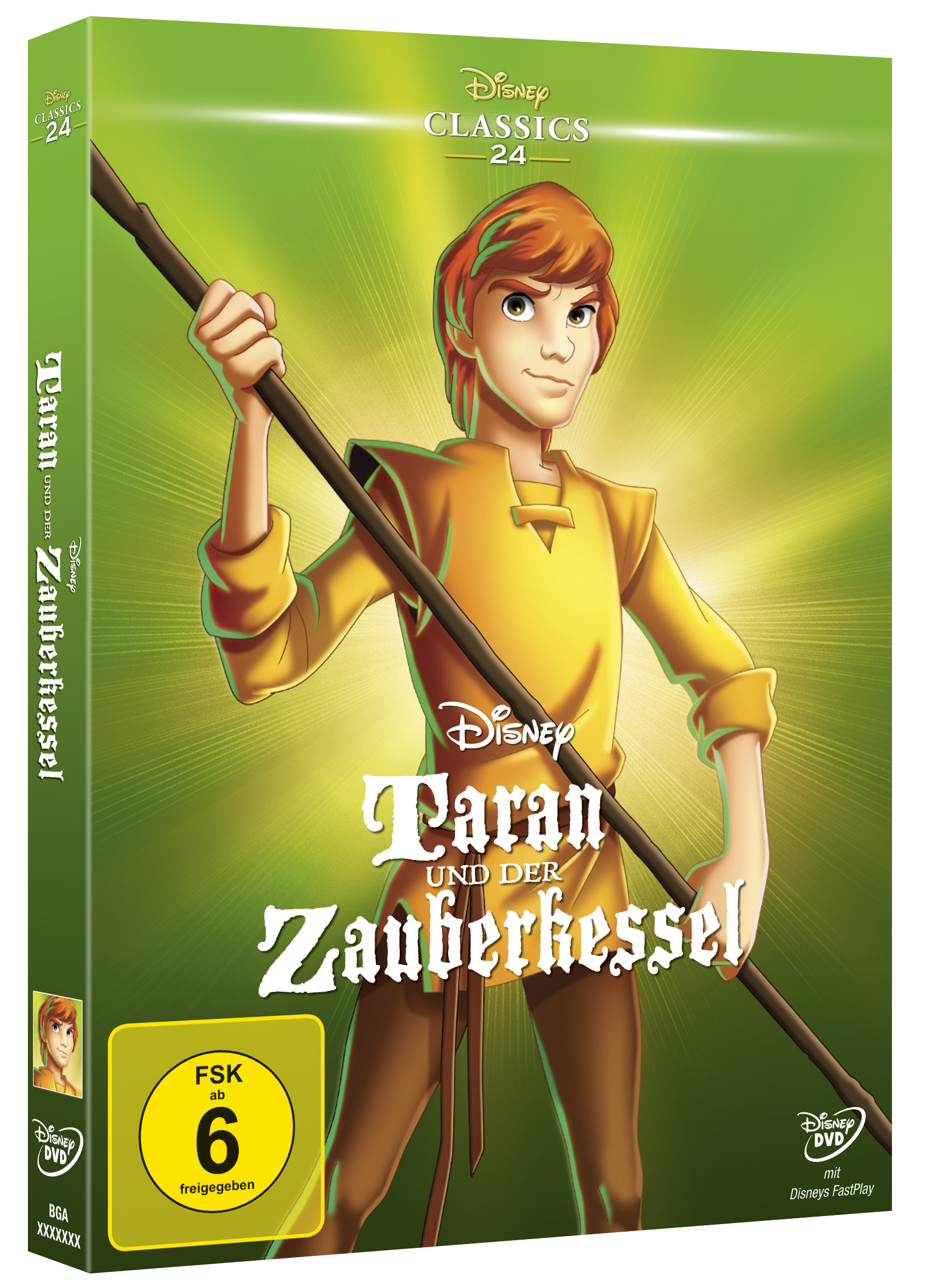 Disney Taran und der Zauberkessel DVD Cover. Cartoon-Junge hält einen Stab. Grüner Hintergrund.