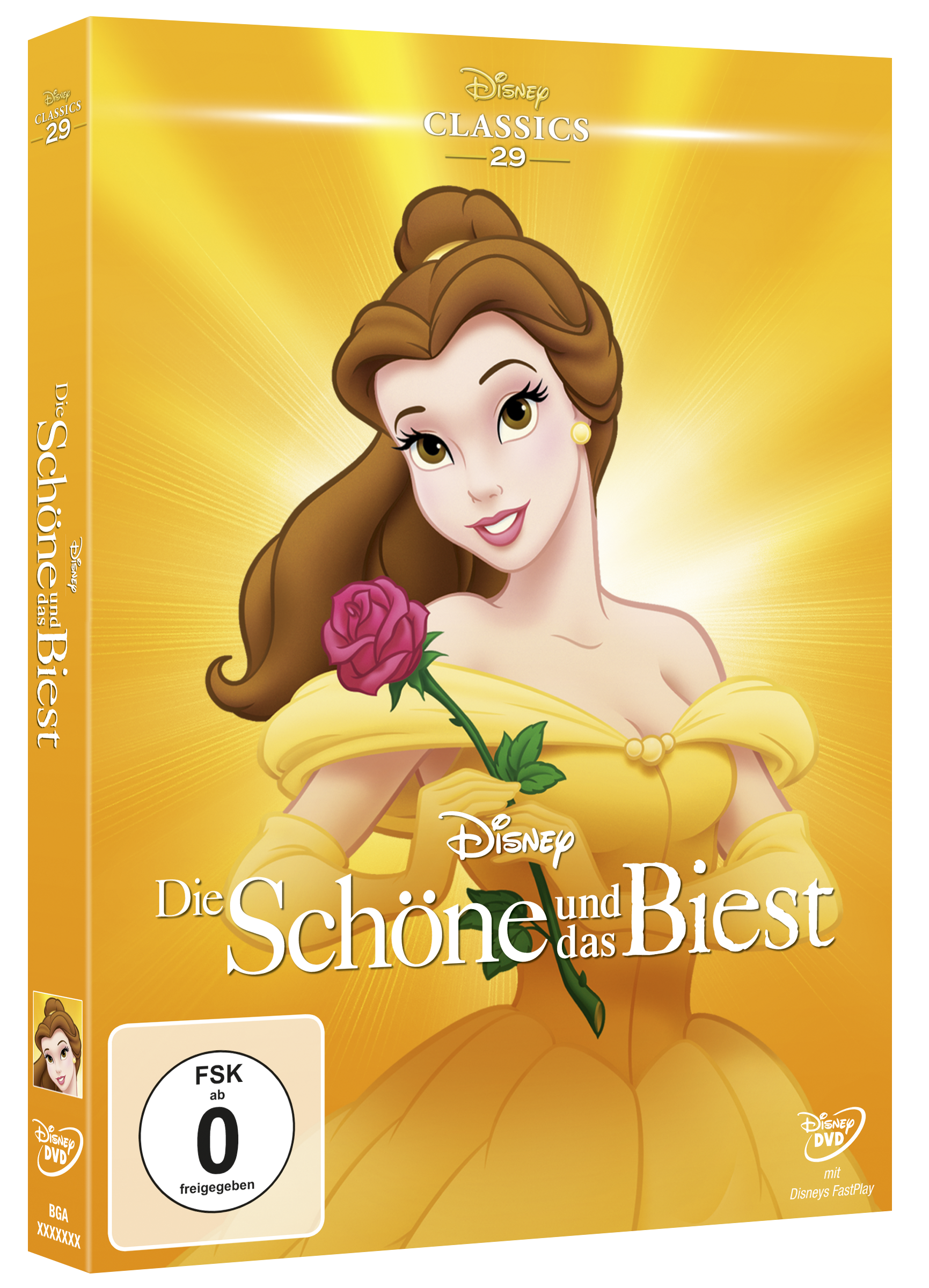 DVD-Cover von 'Die Schöne und das Biest' mit Belle, die eine Rose hält.