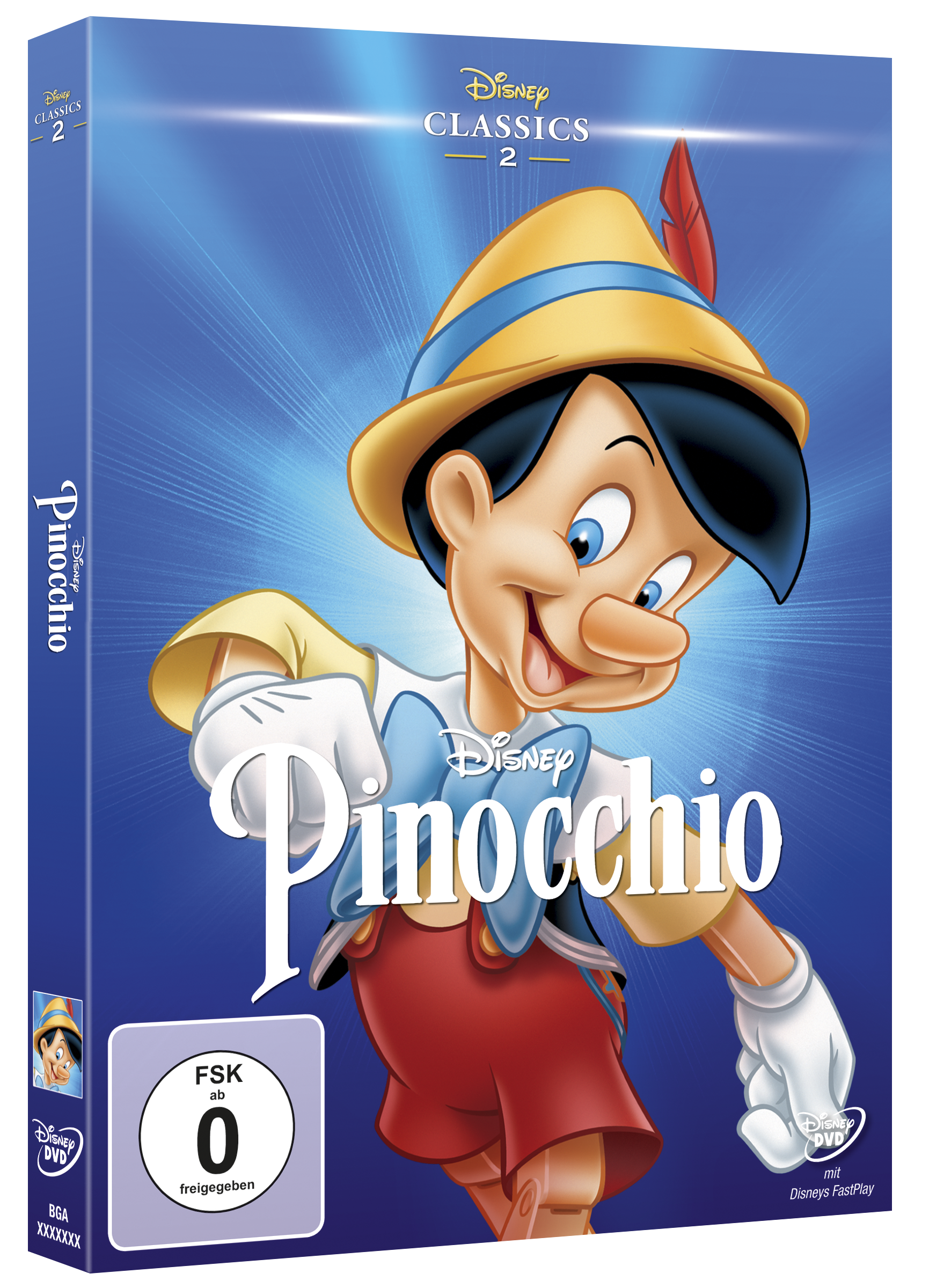 DVD-Hülle für Disneys Pinocchio. Das Cover zeigt Pinocchio mit blauem Hintergrund und Disney-Logo.