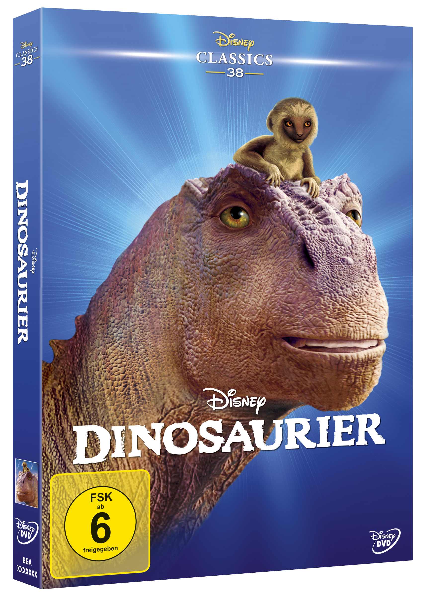 DVD-Hülle mit einem Dinosaurier. Ein kleiner Lemur sitzt auf dem Kopf des Dinosauriers. Der Titel ist 'Dinosaurier'.