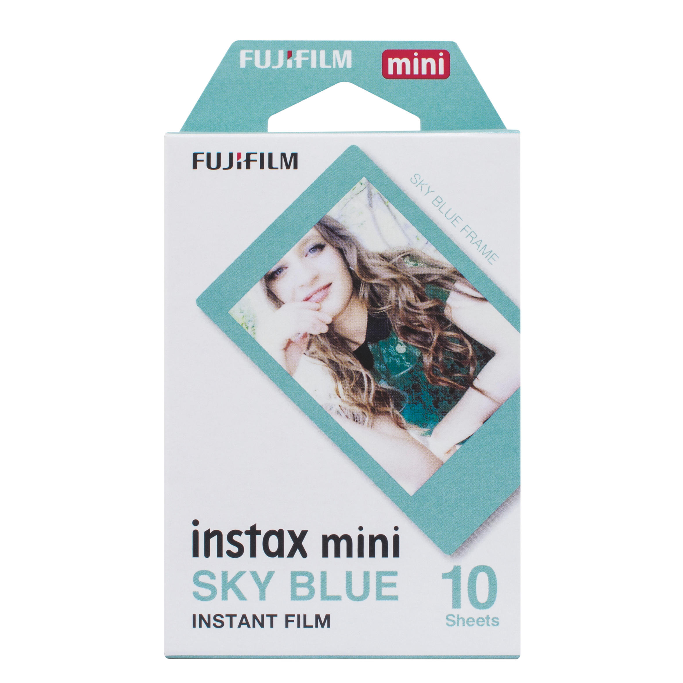 Schachtel mit Fujifilm Instax Mini Film. Sie hat ein Foto einer Frau und sagt Sky Blue Frame und 10 Sheets.