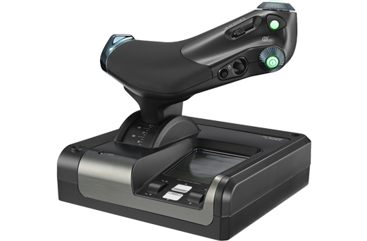 Játék joystick vezérlő. A vezérlő fekete, több zöld gombbal.