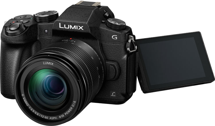 Fekete kamera objektívvel és nyitott képernyővel.