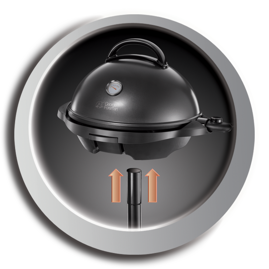 Fekete George Foreman grill. Nyilak az állványra mutatnak.