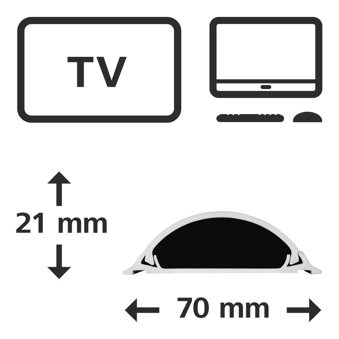 Diagramm eines Fernsehers und eines Monitors. Zeigt Abmessungen: 21 mm x 70 mm. Eine Maus und Tastatur sind auch vorhanden.
