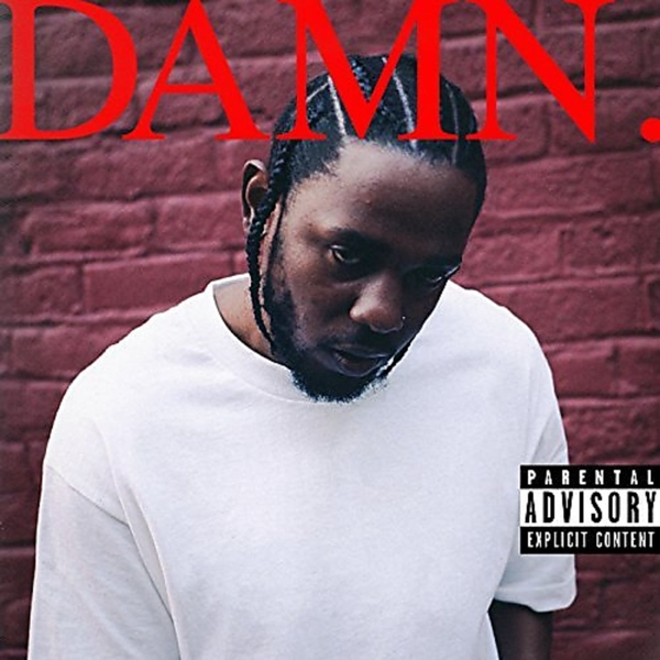 Albumcover mit einem Porträt von Kendrick Lamar, rotem Text "DAMN." und einem Warnhinweis für Eltern.