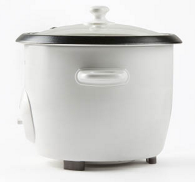 A white rice cooker with a lid. The lid has a handle. The background is plain white.