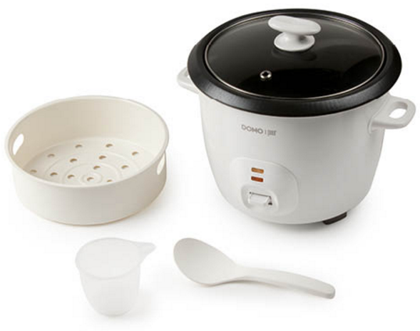 Rice cooker, steaming tray, measuring cup, and spoon, all in white.