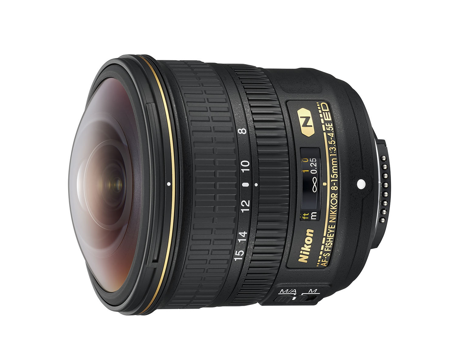 Nikon Fisheye-Objektiv mit goldfarbenem Rand, schwarzes Gehäuse. Auf weißem Grund.