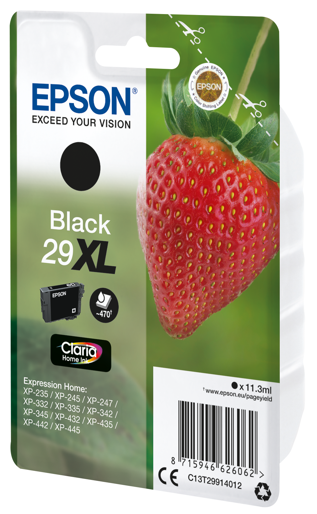 Epson ink cartridge, black ink, with a strawberry image.